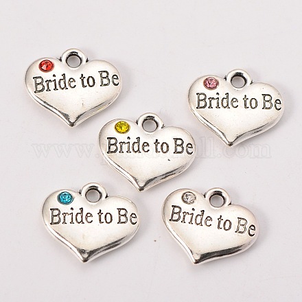 Wedding Theme Antique Silver Tone Tibetan Style Heart with Bride to Be Rhinestone Charms TIBEP-N005-10-1