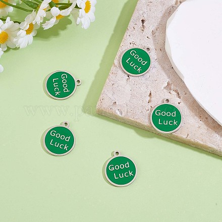 5Pcs Flat Round with Words Charm Pendant Green Enamel Charms Good Luck Pendant for Jewelry Necklace Earring Making Crafts JX392A-1