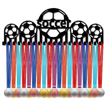 CREATCABIN Soccer Medal Hangers Medal Holder Display Rack Football Sports Metal Hanging Awards Iron Mount Decor with 20 Hooks for Wall Home Badge Dancer Soccer Gymnastics Ballet Black 15.7 x 5.9 Inch ODIS-WH0028-109-1