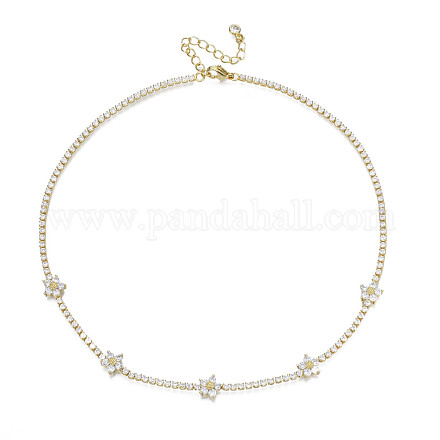 Cubic Zirconia Classic Tennis Necklace with Flower Links NJEW-N048-01G-1
