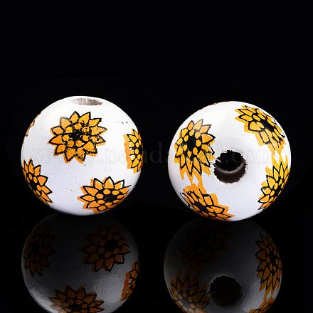 スプレープリントウッドビーズ  印刷されたビーズ  花の丸  ゴールド  15~16x14~15mm  穴：3~4mm WOOD-N015-02-1