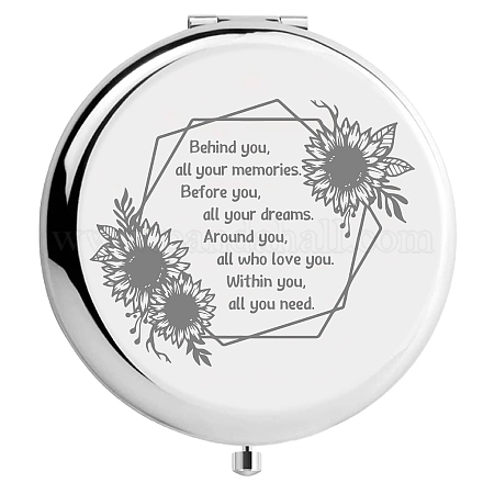 CREATCABIN Compact Pocket Mirror Behind You All Your Memories Inspirational Quote Sunflower Travel Two-sided Folding Gift for Mom Dad Friends Sister Christmas Birthday Graduation Leaving Gifts Silver DIY-WH0245-034-1