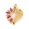 Brass Micro Pave Cubic Zirconia Pendants,  Long-Lasting Plated, Lead Free & Cadmium Free, Gold, Heart, Medium Violet Red, 22x18x5mm, Hole: 2.5X3mm
