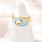 Brass Sky Blue Enamel Flower Cuff Rings, with ABS Plastic Imitation Pearl and Glitter Powder, Real 18K Gold Plated, Rack Plating, Long-Lasting Plated, Cadmium Free & Lead Free, Oval, Inner Diameter: adjustable, Oval: 16x10.5mm