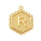 Brass Pendants, Hexagon Letter Charms, Letter R, 20x16x2.5mm, Hole: 1.5mm