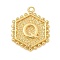 Brass Pendants, Hexagon Letter Charms, Letter Q, 20x16x2.5mm, Hole: 1.5mm