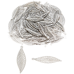 100 pz 201 pendenti in acciaio inossidabile, abbellimenti in metallo acidato, ciondolo a foglia, colore acciaio inossidabile, 32x10x0.2mm, Foro: 1.4 mm