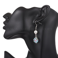 Круглые серьги с натуральным культивированным пресноводным жемчугом и подвесками в технике лэмпворк&nbsp;EJEW-JE06881