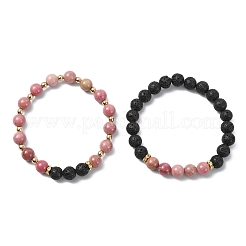Bracelets extensibles ajustables en rhodonite naturelle et en pierre de lave naturelle&nbsp;BJEW-JB14150-01