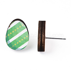Orecchini a bottone in legno stampato con uovo di pasqua e perno in acciaio inossidabile da donna&nbsp;WOOD-TAC0002-119D