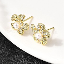 Серьги-гвоздики из латуни с микропаве из прозрачных кубических цирконий в виде морских звезд&nbsp;EJEW-L305-03G