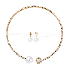 Круглые пластиковые серьги-гвоздики с имитацией жемчуга и комплекты колье-чокеров с кубическим цирконием и стразами&nbsp;SJEW-U003-05G