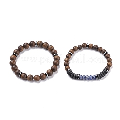 2 pièces 2 bracelets extensibles en perles de bois naturel et hématite synthétique sertis de pierres précieuses&nbsp;BJEW-JB08153