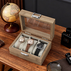 Vitrinas de madera para relojes de 3 ranura con tapa con ventana de vidrio y almohada de terciopelo en el interior&nbsp;CON-WH0043-306B