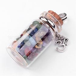 Claro botella de cristal de piedras preciosas colgantes grandes, con tampeones y fornituras de símbolo om de estilo tibetano, color mezclado, 60x22mm, agujero: 5 mm