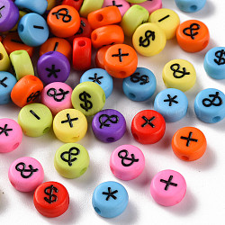 Craft Style Mixed Color Acrylic Hashtag Beads, Flat Round with Black English Character, Mixed Color, 7x3.5mm, Hole: 1.5mm, about 4540pcs/500g.