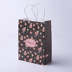 Sacchi di carta kraft, con maniglie, sacchetti regalo, buste della spesa, rettangolo, modello di fiore, nero, 33x26x12cm