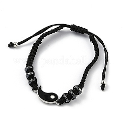 Bracelet de perles tressées en cordon de nylon ajustable, avec des liens potins/yin yang en alliage émaillé et des perles d'espacement en hématite synthétique, noir, platine, diamètre intérieur: 1-3/4~3-1/8 pouce (4.5~8 cm)
