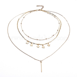Tiered Halsketten, 3-lagige Halsketten, mit 304 Edelstahlanhänger und Messingkabelketten, Sterne & Bar, golden, 14.56 Zoll (37 cm), 1.4 mm