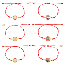 ANATTASOUL 6Pcs Saint Benedict Medal Alloy Link Bracelets Set, Polyester Cord Adjustable Bracelets, Red, Inner Diameter: 2-1/2~3-1/4 inch(6.5~8.3cm)
