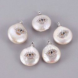 Pendentifs de perles d'eau douce de culture naturelle, avec des cabochons en laiton zircone, Plaqué longue durée, plat rond avec des yeux, Platine plaqué réel, 16~19x12~12.5x6~8mm, Trou: 1.4~1.6mm
