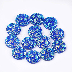 Resin Cabochons, Flat Round with Flower, Blue, 12x3~3.5mm