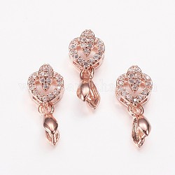 Long-Lasting Plated Brass Micro Pave Cubic Zirconia Ice Pick Pinch Bails, Heart with Leaf, Real Rose Gold Plated, 18mm, Hole: 2x6mm, Pin: 0.6mm