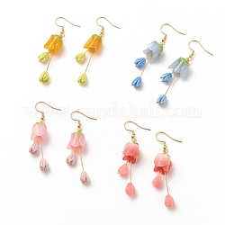 Plastic 3D Flower Long Dangle Earrings, Gold Plated 304 Stainless Steel Jewelry for Women, Mixed Color, 62mm, Pin: 0.8mm