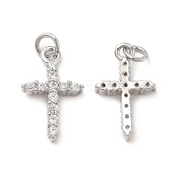 Ottone micro spianare pendenti zirconi, con anello di salto, fascino croce di religione, platino, 18.5x11.5x3mm, Foro: 3.3 mm