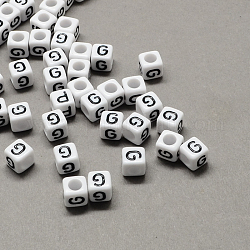 Perline europee di grandi dimensioni in acrilico, foro orizzontale, bianco & nero, cubo con letter.g, 6x6x6mm, Foro: 4 mm