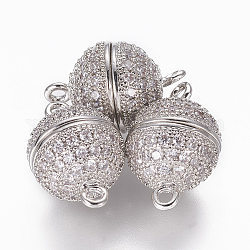 Brass Micro Pave Cubic Zirconia Magnetic Clasps, Round, Clear, Platinum, 15~15.5x10mm, Hole: 1.4mm