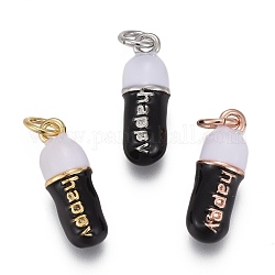 Brass Enamel Pendants, with Jump Rings, Long-Lasting Plated, Pill Bar Shape with Word Happy, Black, Mixed Color, 17x6mm, Hole: 3mm