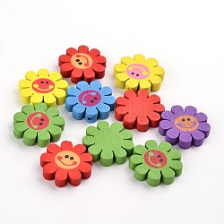Printed Natural Wood Beads, Children's Day Gift Ideas, Dyed, Lovely Flower Beads, Sunflower, Lead Free, Size: about 23mm in diameter, 4mm thick, hole: 2mm