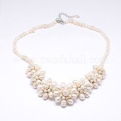 Flower Pearl Bib Statement Necklaces, with Brass Lobster Claw Clasps, PapayaWhip, 18.1inch