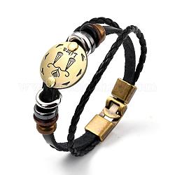 Braided Leather Cord Retro Multi-strand Bracelets, with Wood Beads, Hematite Beads and Alloy Findings, Flat Round,  Antique Bronze, Libra, 8-1/4 inch(21cm)