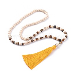 Nylon Tassel Pendant Necklaces, with Wood Beads, Natural Spiral Shell Beads, Natural Tiger Eye Beads and Alloy Findings, Gold, 26.7~27.5 inch(68~70cm)