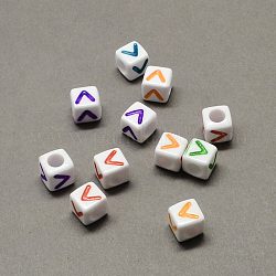 Large Hole Colorful Acrylic Letter European Beads, Horizontal Hole, Cube with Letter.V, 7x7x7mm, Hole: 4mm, about 1144pcs/500g