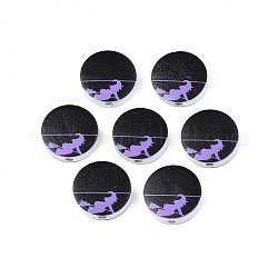 Halloween Printed Natural Wood Beads, Flat Round with Witch Pattern, Black, 19~20x5.9mm, Hole: 2~2.2mm