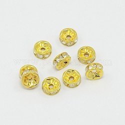 Brass Rhinestone Spacer Beads, Grade B, Clear, Golden Metal Color, Size: about 7mm in diameter, 3.2mm thick, hole: 1.2mm