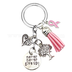 Porte-clés pendentif en alliage de ruban de sensibilisation rose au cancer du sein d'octobre pour femme, avec panicule, rond plat/arbre de vie/coeur, argent antique, 7 cm
