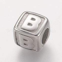 304 Stainless Steel European Beads, Horizontal Hole, Large Hole Beads, Cube with Letter.B, 8x8x8mm, Hole: 4mm