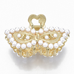 Alloy Claw Hair Clips, with ABS Plastic Imitation Pearl, Long-Lasting Plated, Masquerade with Heart, Light Gold, White, 31x50x26mm