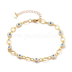 Brass Horse Eye Link Chains Anklets, with Evil Eye Plastic Beads and 304 Stainless Steel Lobster Claw Clasps, Golden, 9 inch(22.8cm)