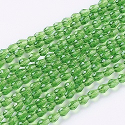 Cuentas de vidrio facetado hebras, lágrima, verde lima, 5x3mm, agujero: 0.5 mm, aproximamente 85~95 pcs / cadena, 16.5~18.7 pulgada (42~47.5 cm)