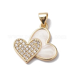 Brass Micro Pave Cubic Zirconia Pendants, with Enamel, Cadmium Free & Lead Free, Real 18K Gold Plated, Long-Lasting Plated, Double Heart Charm, Clear, 19.5x18.5x2mm, Hole: 5x3mm