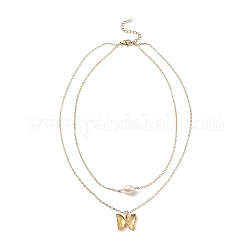 Mariposa de vidrio y colgantes de perlas naturales collar de doble capa con circonita cúbica transparente, joyas de latón dorado para mujer, vara de oro pálido, 16.34 pulgada (41.5 cm)