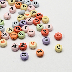 Colorful Acrylic Horizontal Hole Letter Beads, Flat Round with Letter, Mixed Color, 7x4mm, Hole: 1.3mm