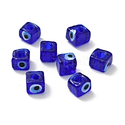 Handmade Evil Eye Lampwork European Beads, Large Hole Beads, Cube, Blue, 8~9x9~10x9~10mm, Hole: 4.3mm