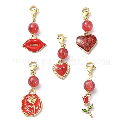 Pendentif décoratif en alliage émail pour la saint-valentin, 5 pièce, avec perles rondes en résine et fermoirs mousquetons en acier inoxydable, formes mixtes, rouge, 37~46mm