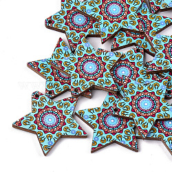 Ciondoli in legno di tiglio stampati, colore casuale posteriore, stella, cielo blu, 31x34.5x3mm, Foro: 1.5 mm